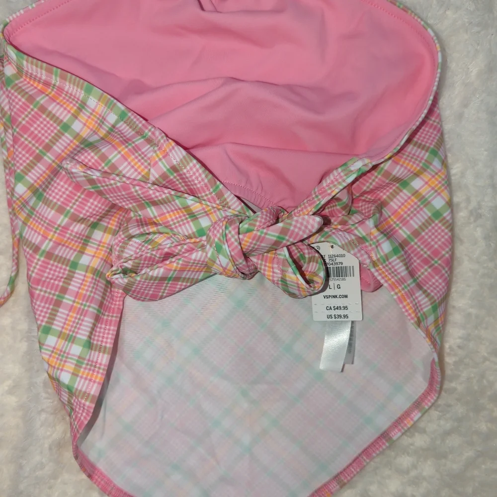 Frankie's Bikinis X Pink Victoria's Secret Pink and Green Plaid Bikini Top NWT L